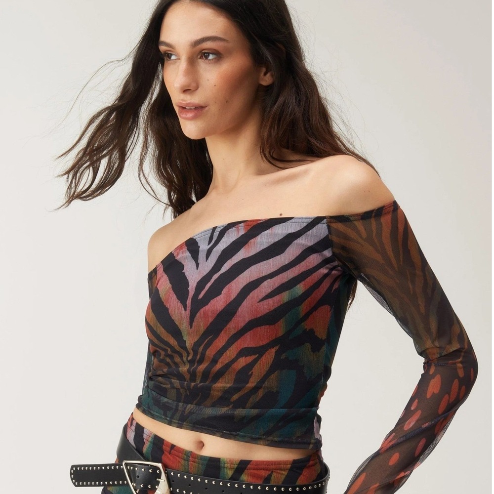 Nasty Gal Sheer Off Shoulder Mesh Zebra Print Top Small Black Y2K Fairy Grunge